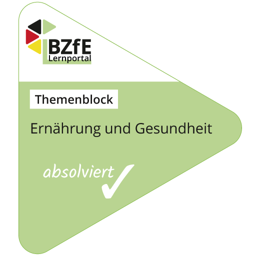 Das digitale BZfE-Badge als Nachweis für den Abschluss des Themenblocks "Ernährung und Gesundheit".